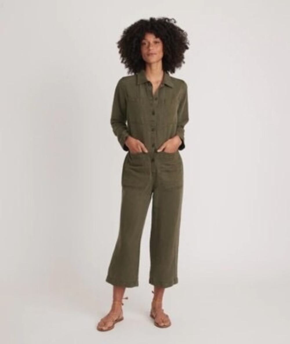 Marine Layer Women Small Charlie Utility Jumpsuit Faded Olive Green Linen Blend